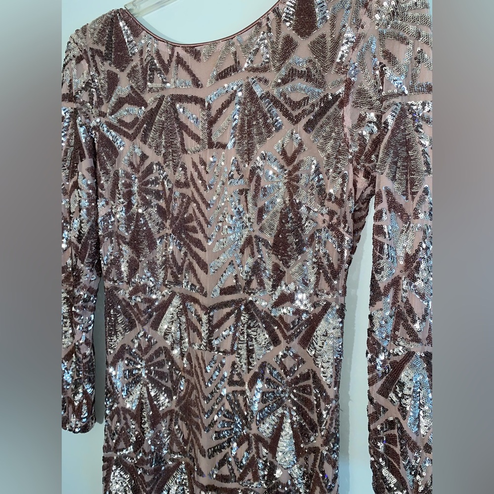 🌹 Dress the Population Emery Long Sleeve Sequin Cocktail, Blush Nude, Dress, XL - Picture 5 of 7